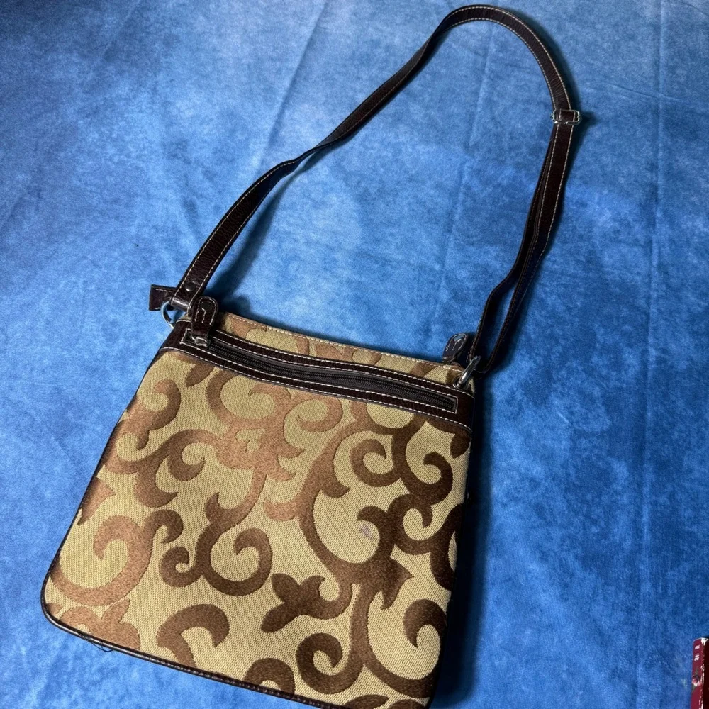 Y2K Brown Tan Swirl Crossbody Shoulder Bag Multi Pocket Organizer Purse